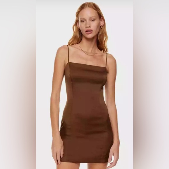 Aritzia Sunday Best Cognac Brown Satin Shimmer Mini Slip Dress - Picture 1 of 5